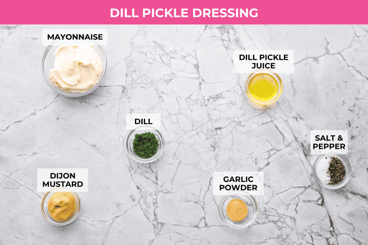 Overhead shot of labeled dill pickle dressing ingredients.