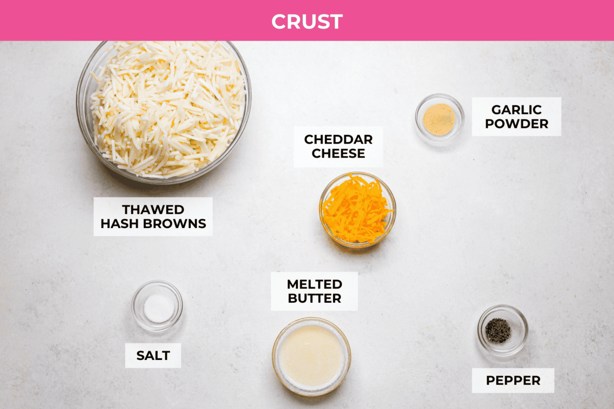 My Hash Brown Crust Quiche is a gluten-free twist on a classic! Crispy, golden potatoes wrap around a rich, savory, custardy filling. Brunch just got an upgrade! Overhead shot of labeled crust ingredients.