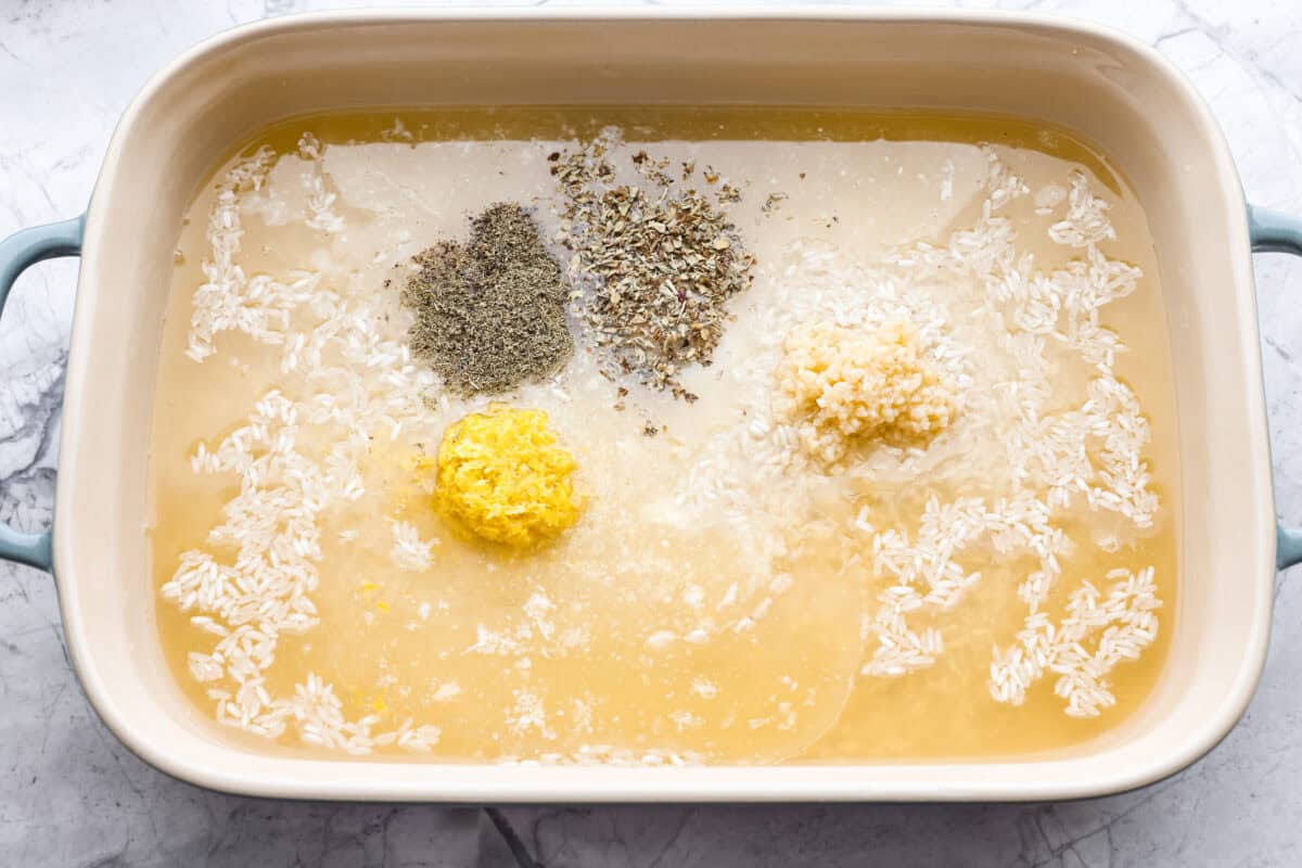 All of the sauce ingredients added to the baking dish. 