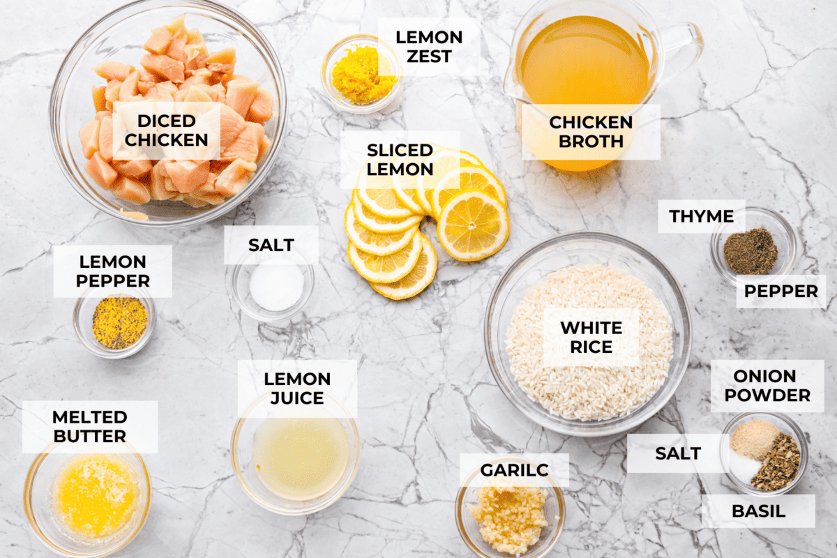 Overhead shot of labeled ingredients. 