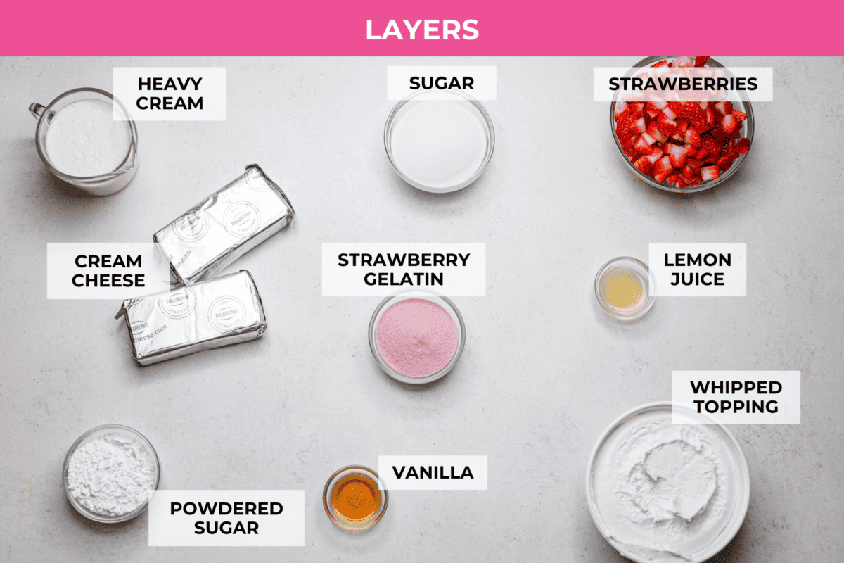 Overhead shot of labeled strawberry delight layers ingredients.