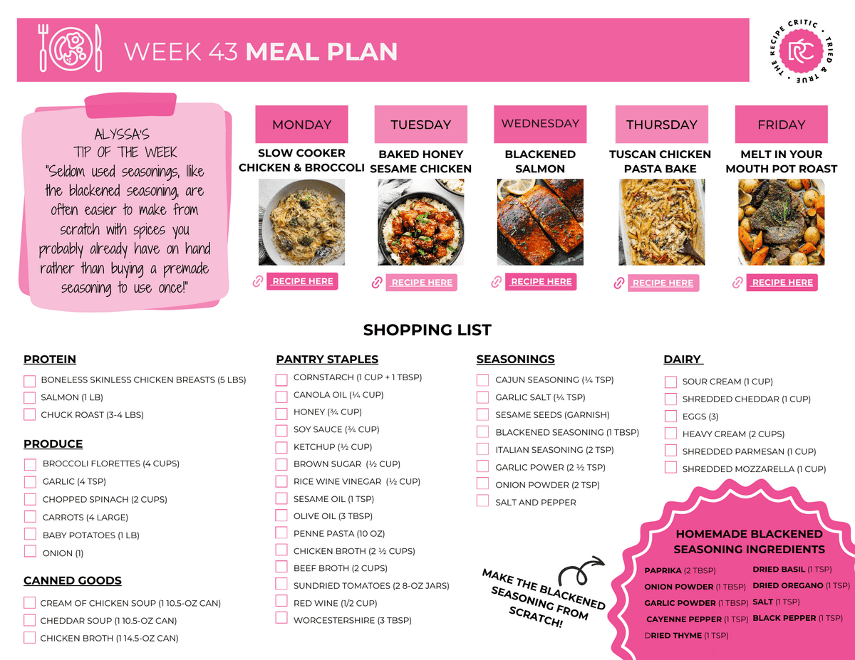 A pdf of a shopping list and a meal plan. 
