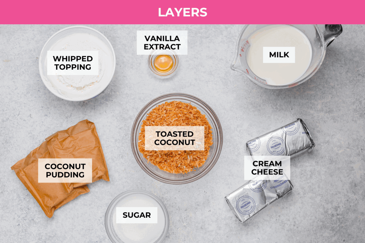 Overhead shot of labeled coconut lush dessert layers ingredients. 