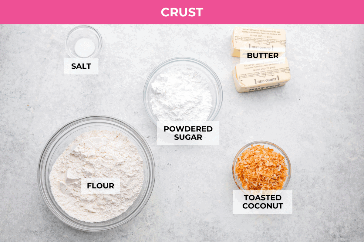 Overhead shot of labeled coconut crust ingredients.