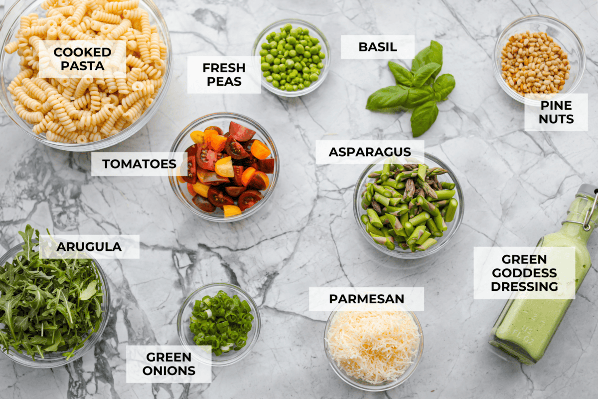 Overhead shot of labeled ingredients. 