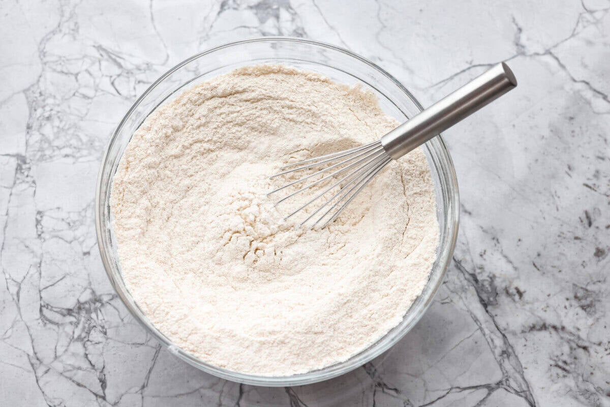 Overhead shot of a bowl of dry ingredients. 