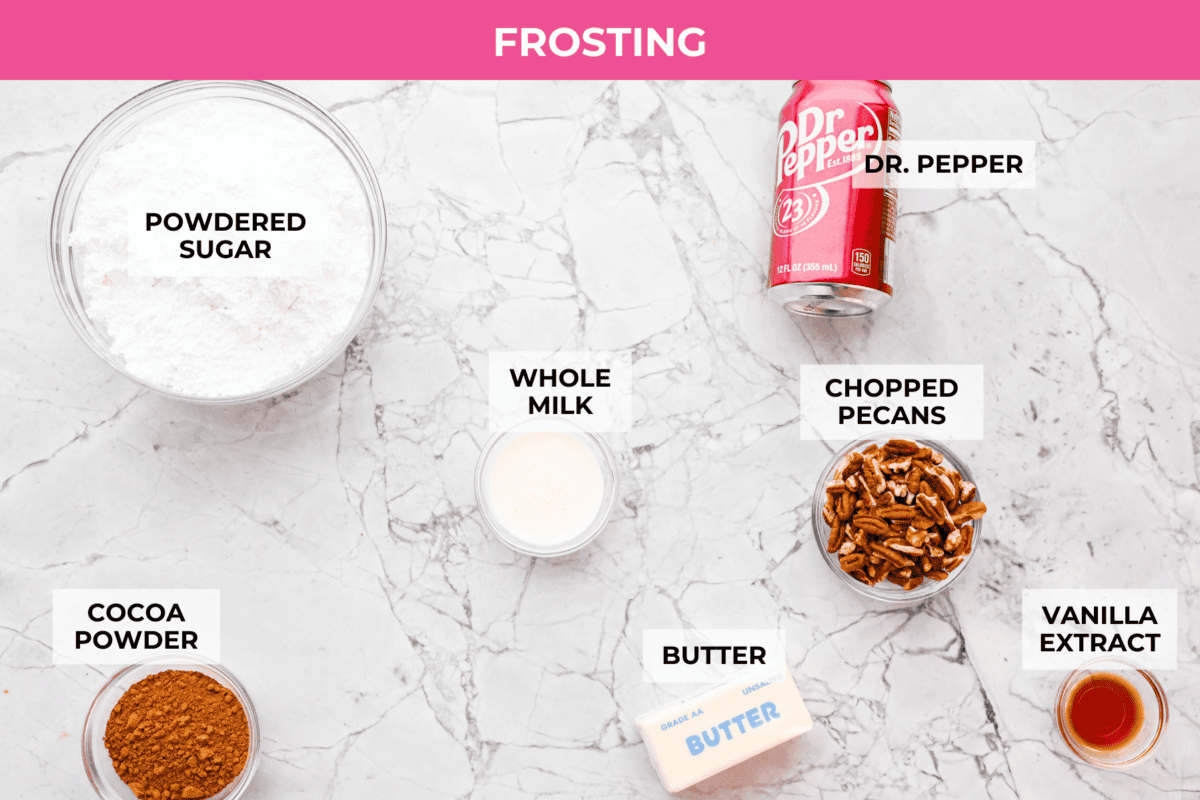 Overhead shot of labeled frosting ingredients. 