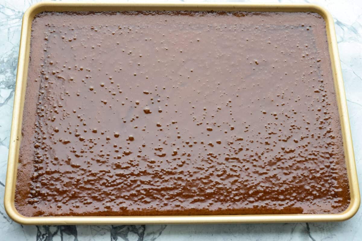 Cake batter poured into a sheet pan. 