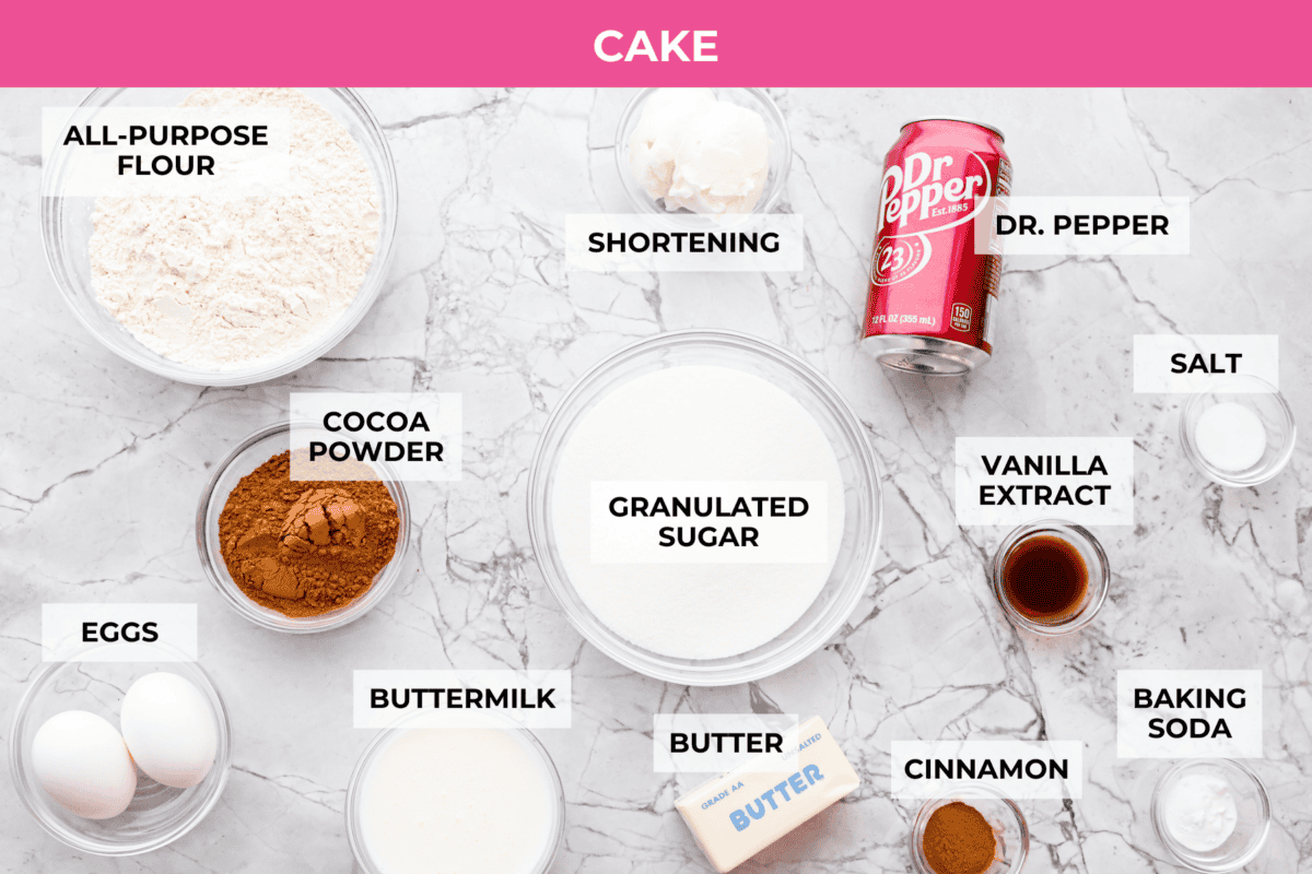 Overhead shot of labeled Dr. Pepper sheet cake ingredients. 