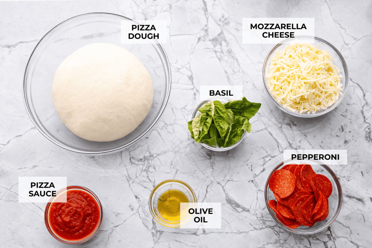 Overhead shot of labeled ingredients. 