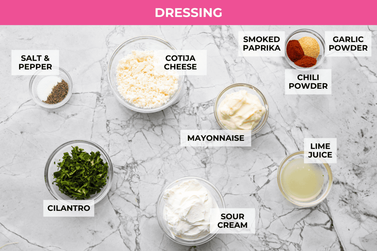 Overhead shot of labeled Elote pasta salad dressing.