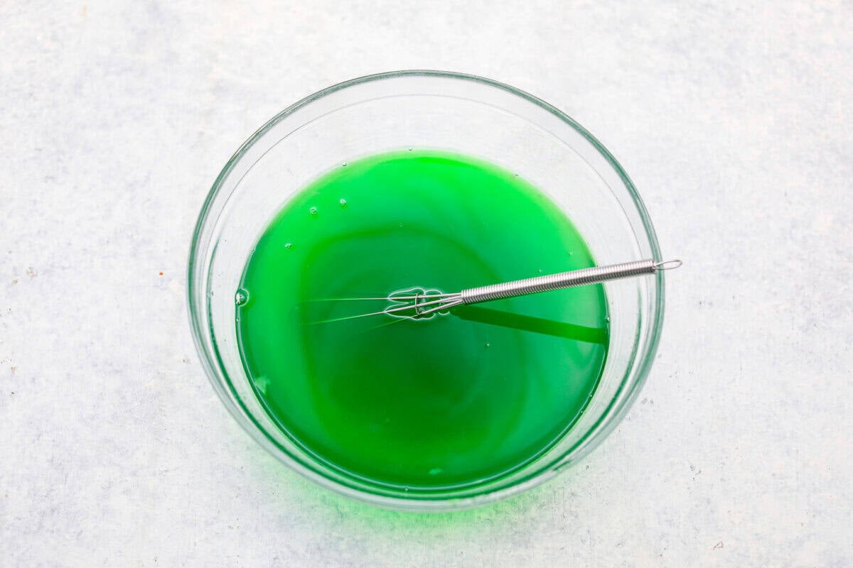 Lime gelatin mixed with water and pineapple juice. 