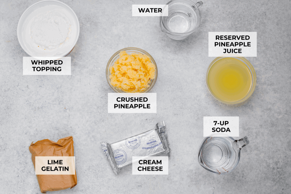 Overhead shot of labeled ingredients. 