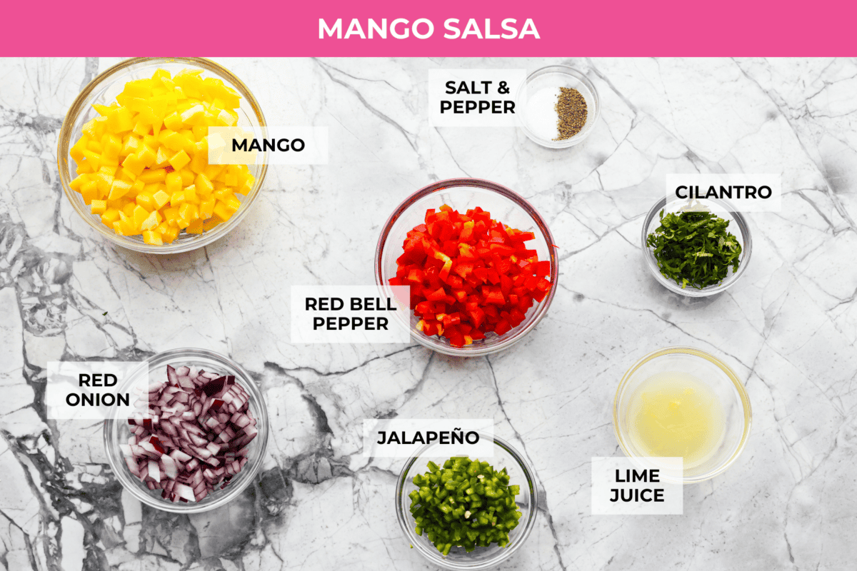 Overhead shot of mango salsa ingredients. 