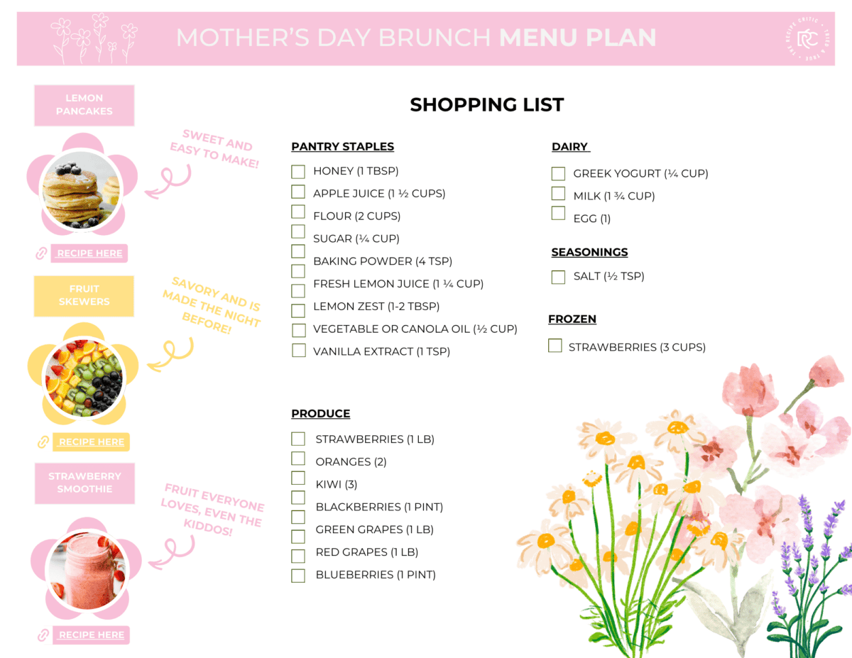 What mom doesn't love it when a meal is planned for her? This mother's day menu plan has recipes that are so easy, your kids can help you make every single one of them! A pdf of a shopping list for a mother's day menu plan.