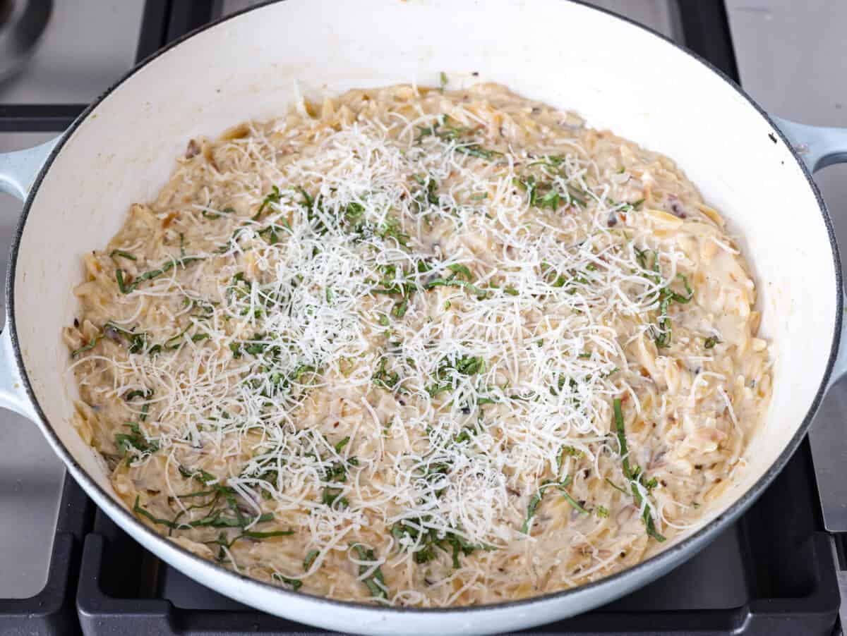 Lemon juice, cream and other ingredients added to the orzo. 