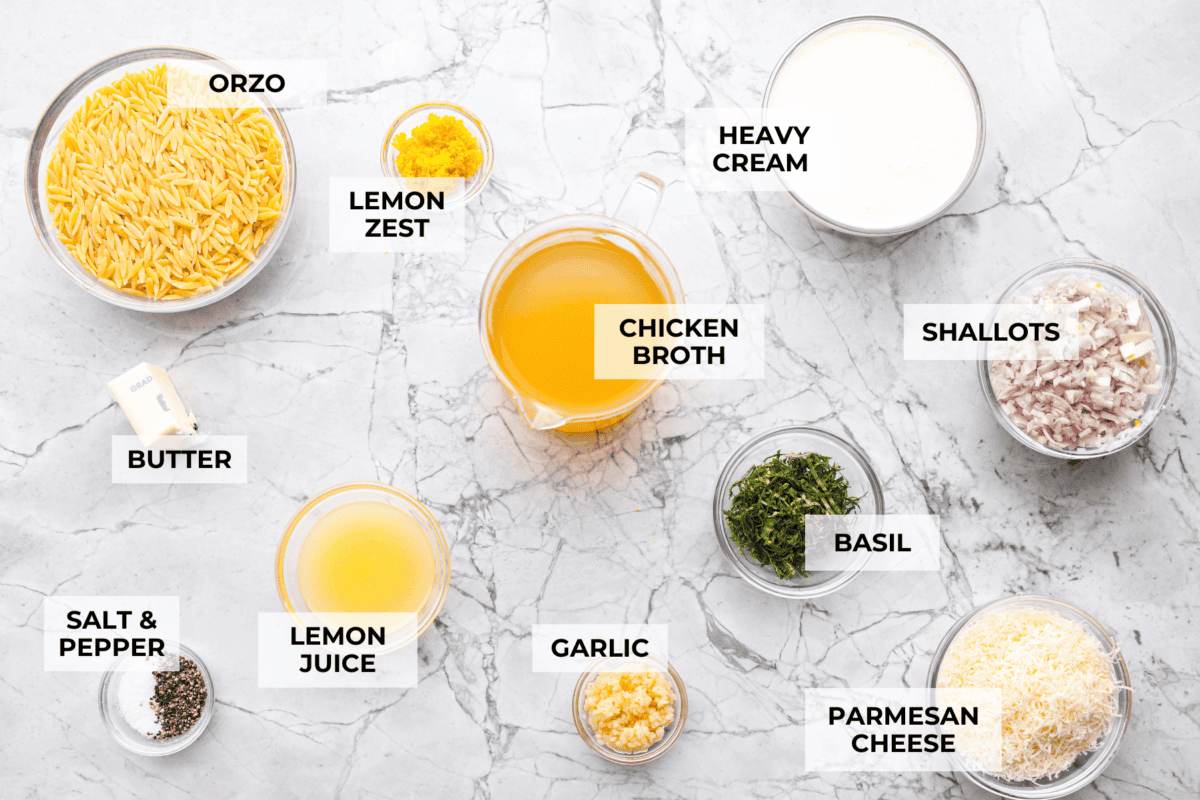 Overhead shot of labeled ingredients.