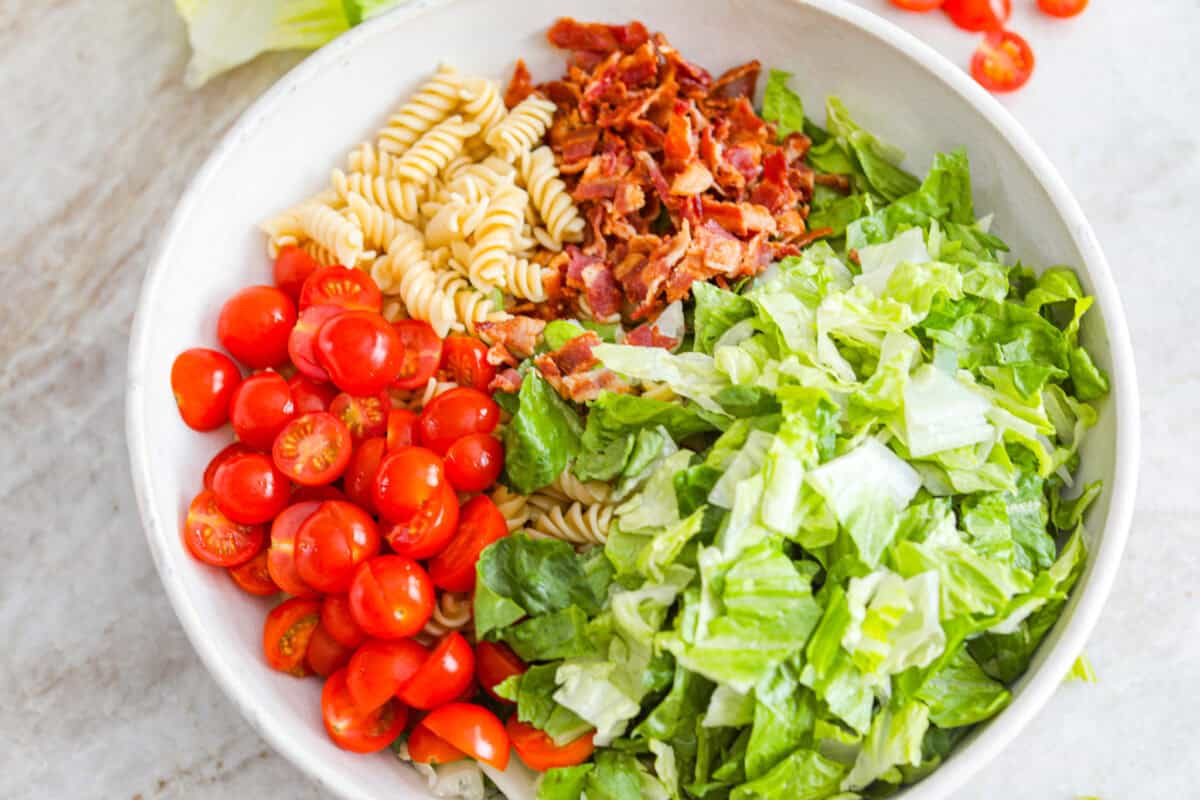 Bowl with pasta, lettuce, bacon, and tomatoes.