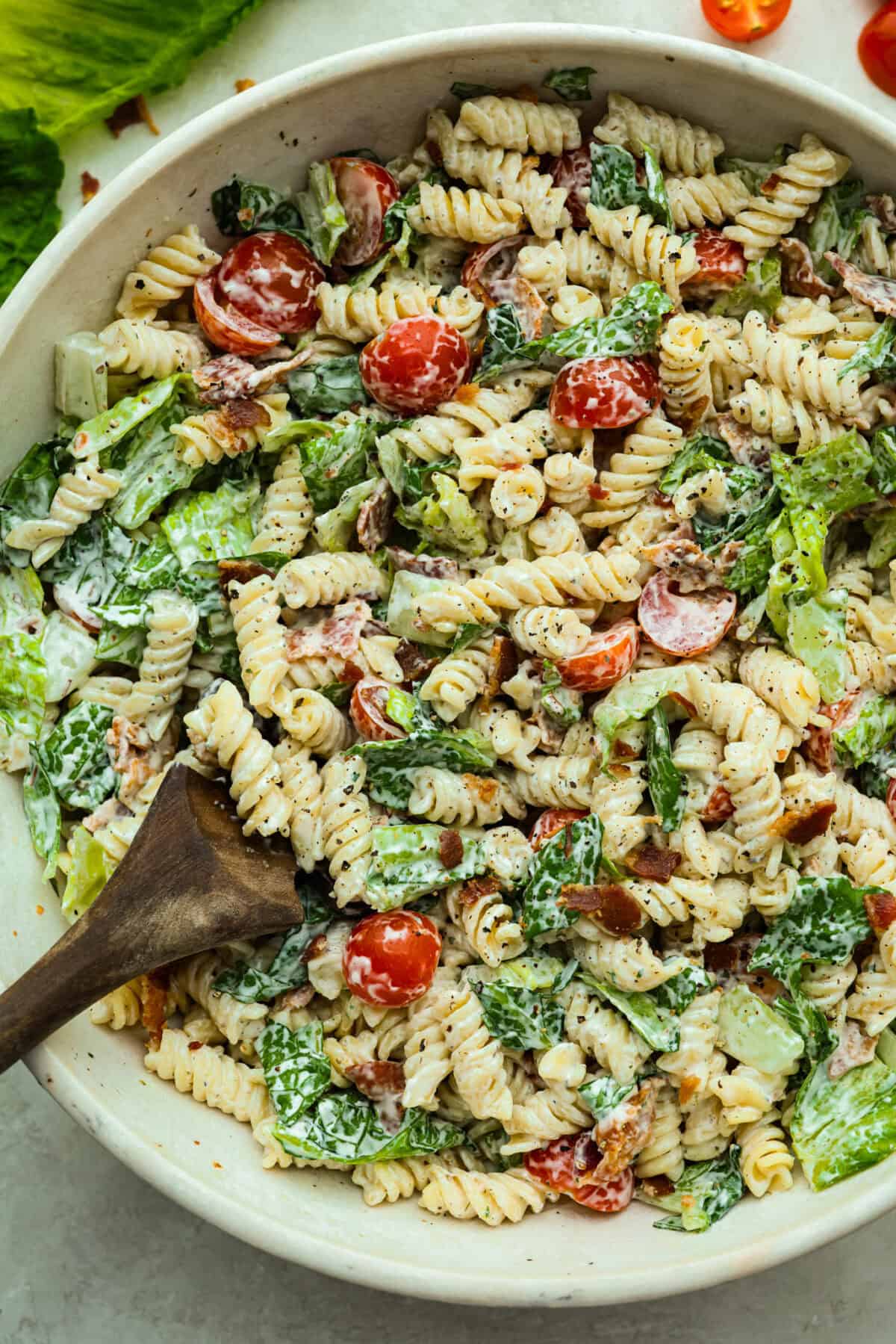 Overhead shot of a big bowl pf BLT pasta salad ready to eat!