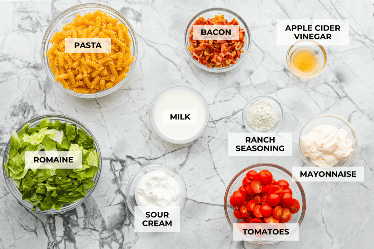 Overhead shot of labeled BLT pasta salad ingredients. 