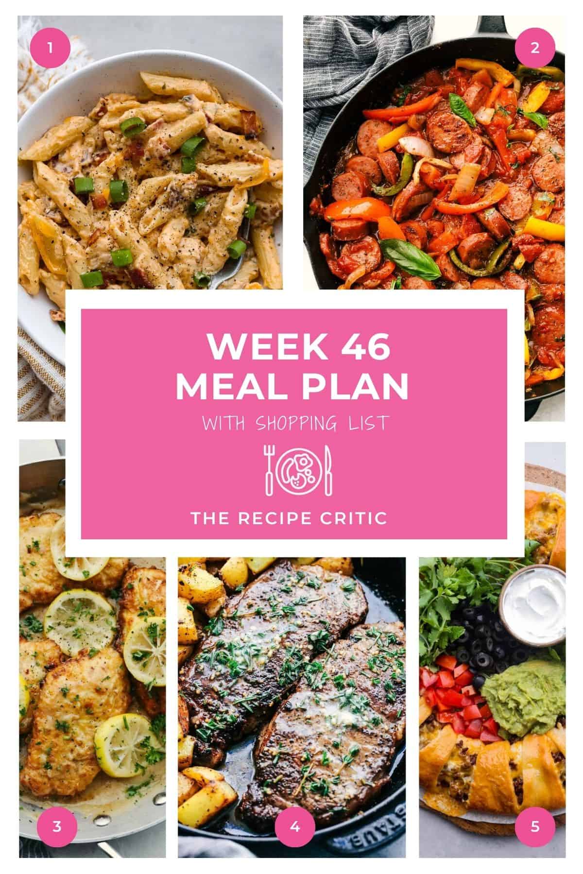 Weekly meal plan image with graphic over the top of hero images for the 5 different recipes. 