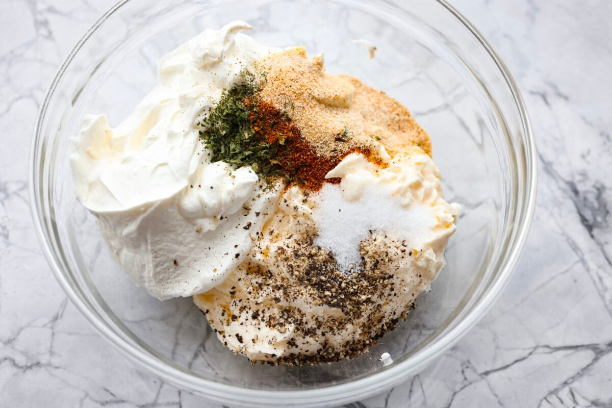 Sauce ingredients all added to a bowl. 