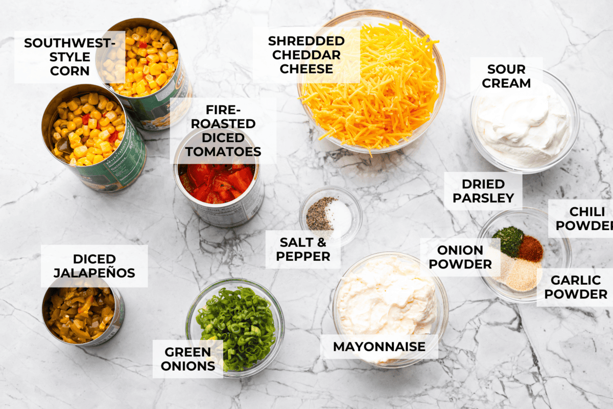 Overhead shot of labeled ingredients. 