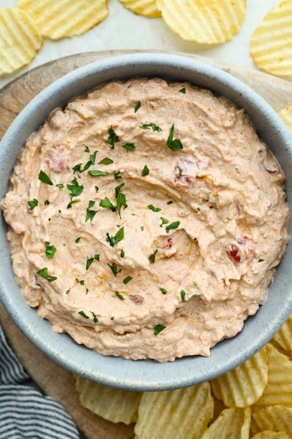 Bowl of Boat Dip in a serving bowl, garnished with cilantro. 