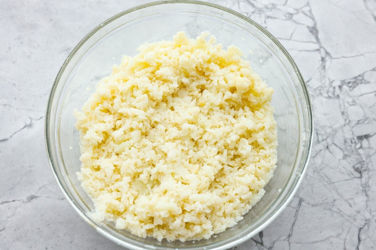 Cauliflower mashed in a bowl. 