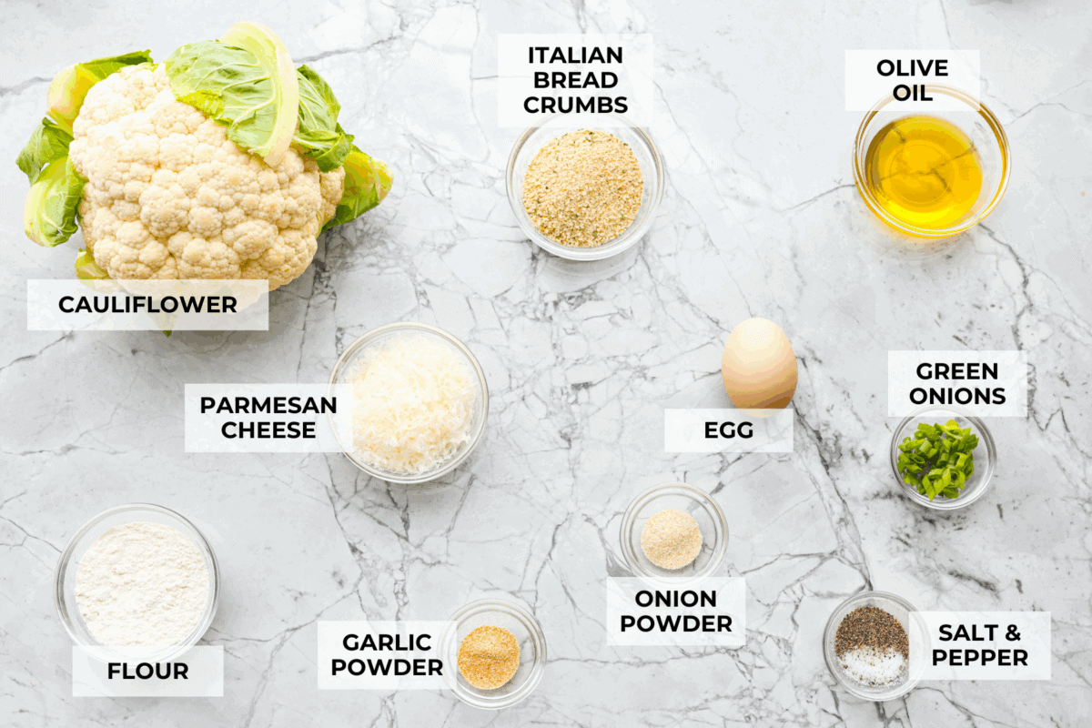 Overhead shot of labeled ingredients. 