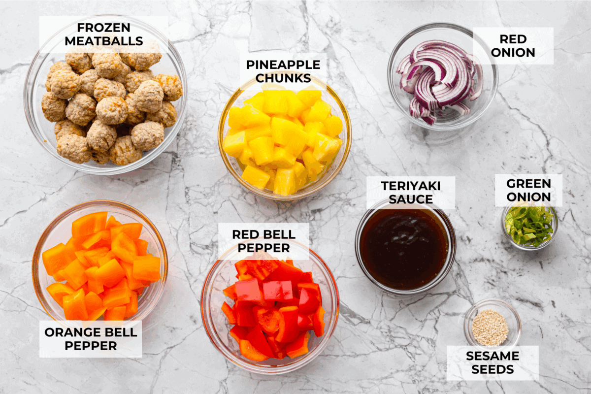 Overhead shot of labeled ingredients. 