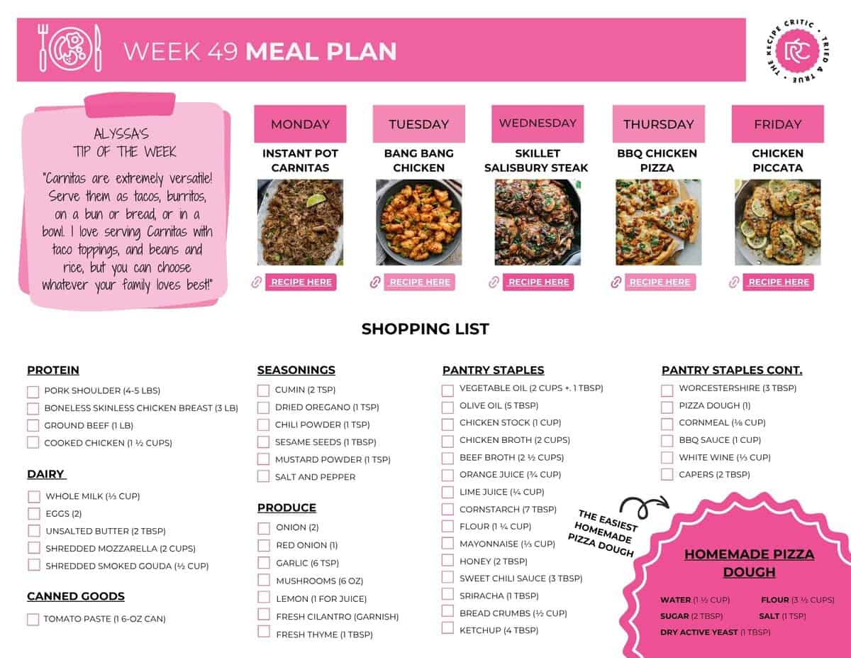 Printable grocery list for the meal plan. 