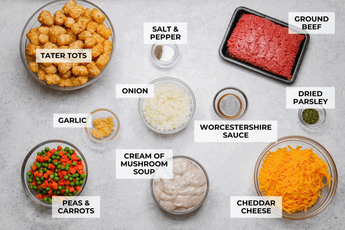 Labeled ingredients for tater tot casserole. 