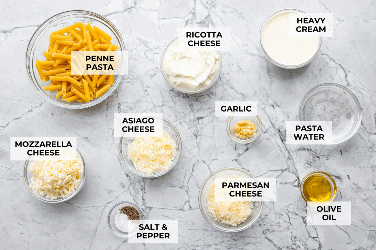 Overhead shot of labeled ingredients. 