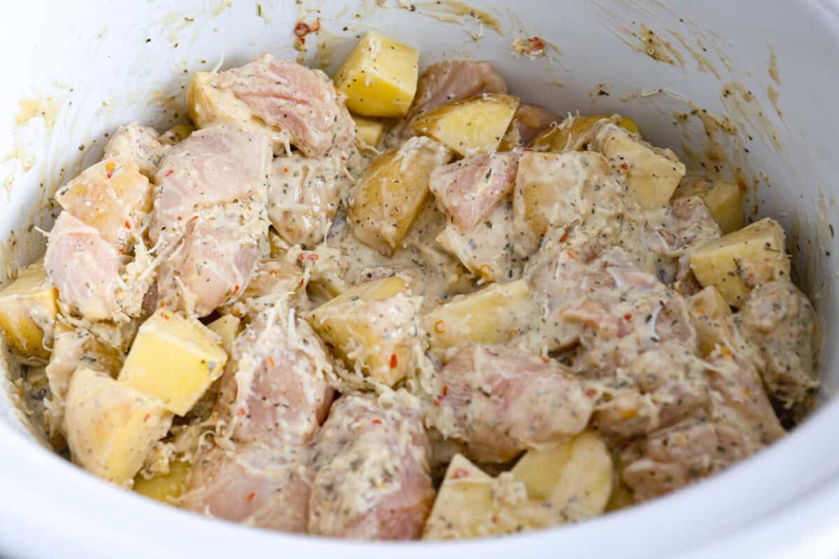 All of the ingredients mixed together in the crockpot. 