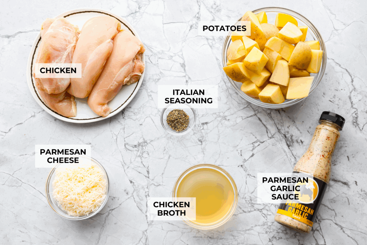 Overhead shot of labeled ingredients. 