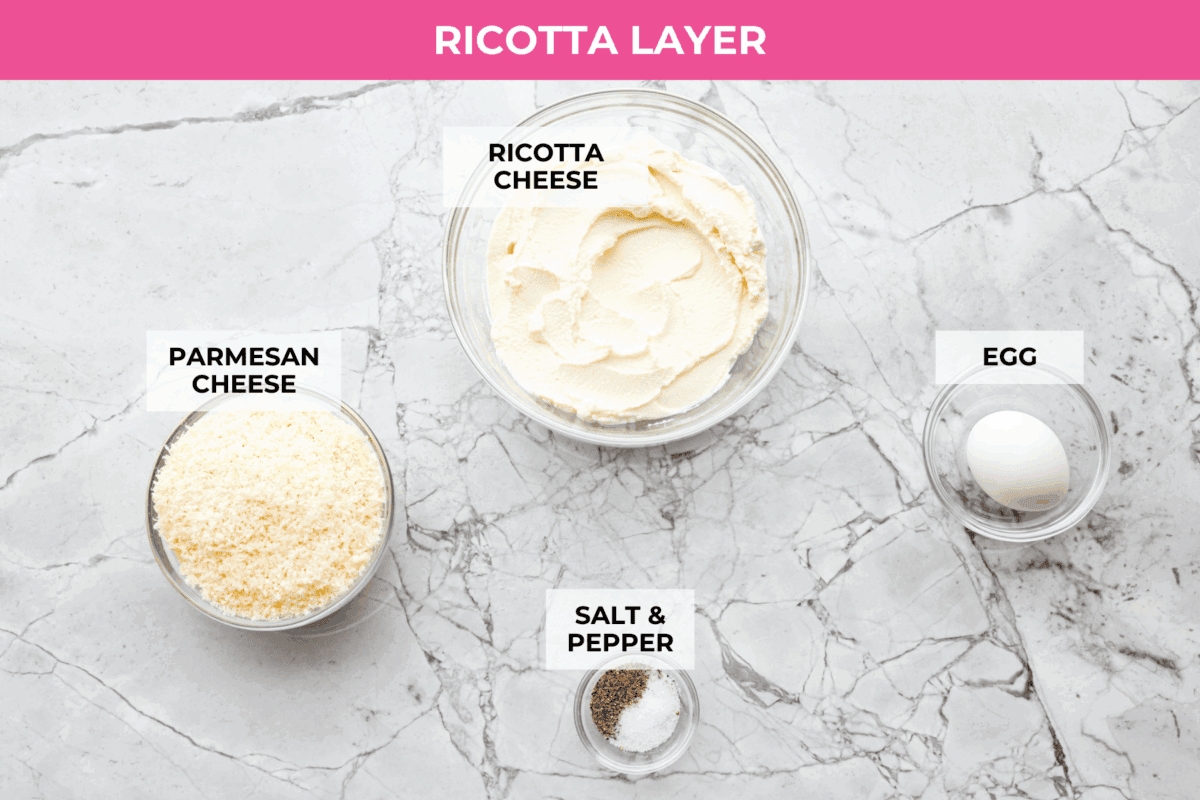 Overhead shot of labeled ricotta layer ingredients. 