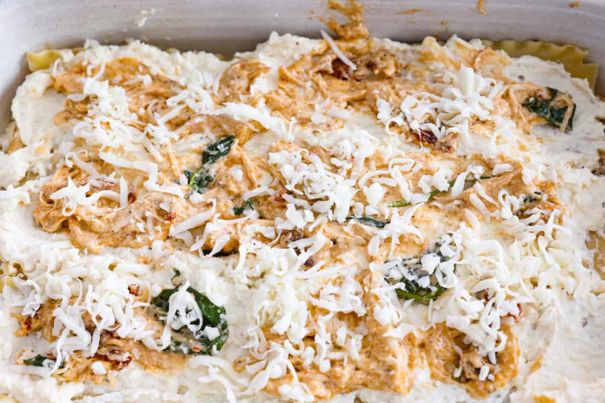 Meat sauce and cheese layer on top of the ricotta layer. 