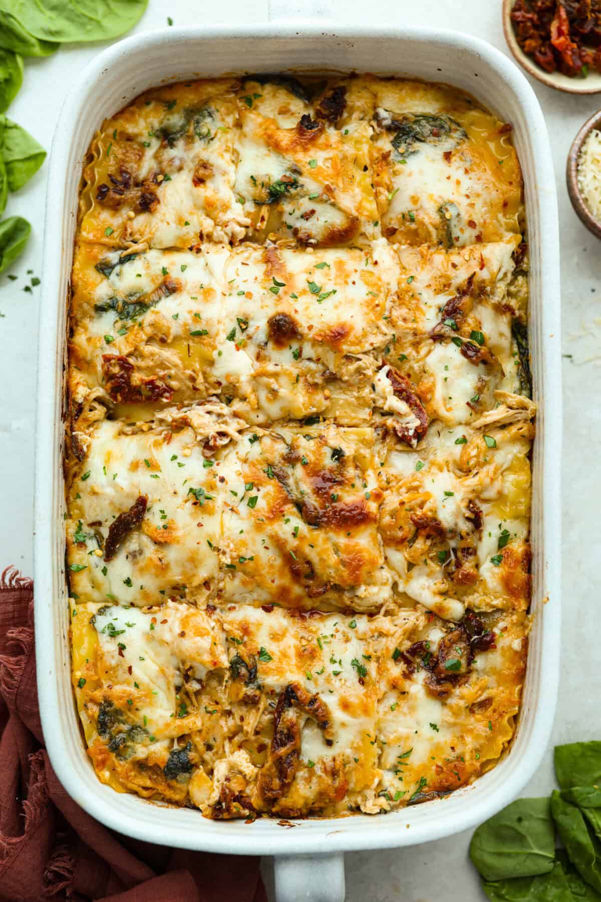 Overhead shot of marry me lasagna cooked and ready to be eaten. 