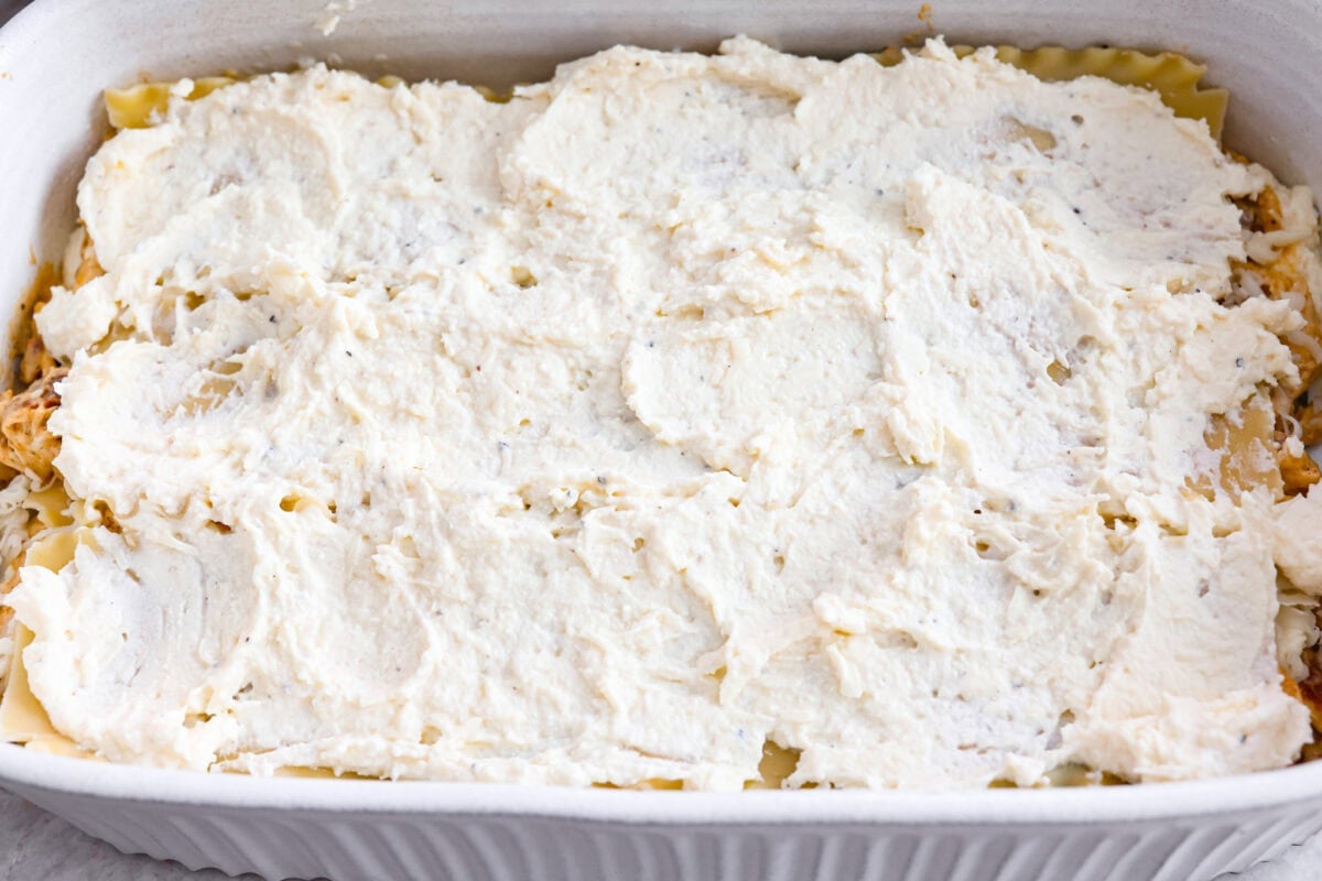 Ricotta cheese layer on top of the noodles.