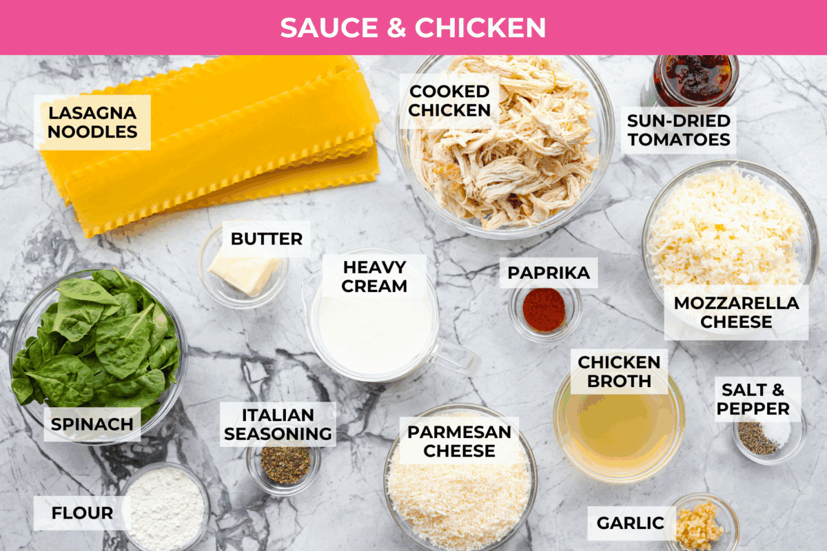 Overhead shot of labeled sauce and chicken ingredients.