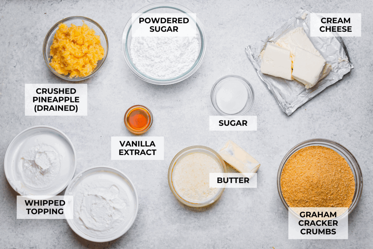 Overhead shot of labeled pineapple delight ingredients. 