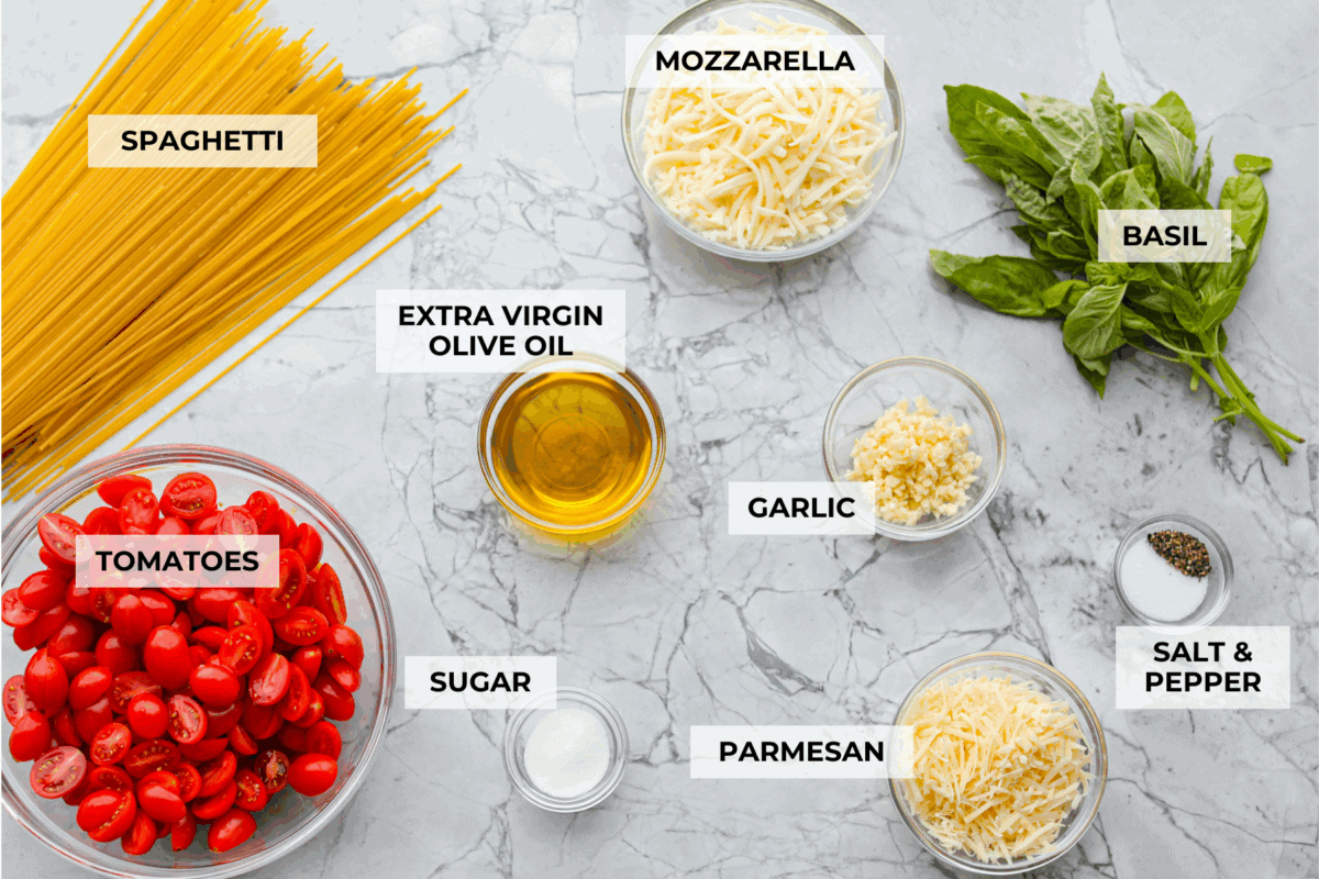 Overhead shot of labeled ingredients.