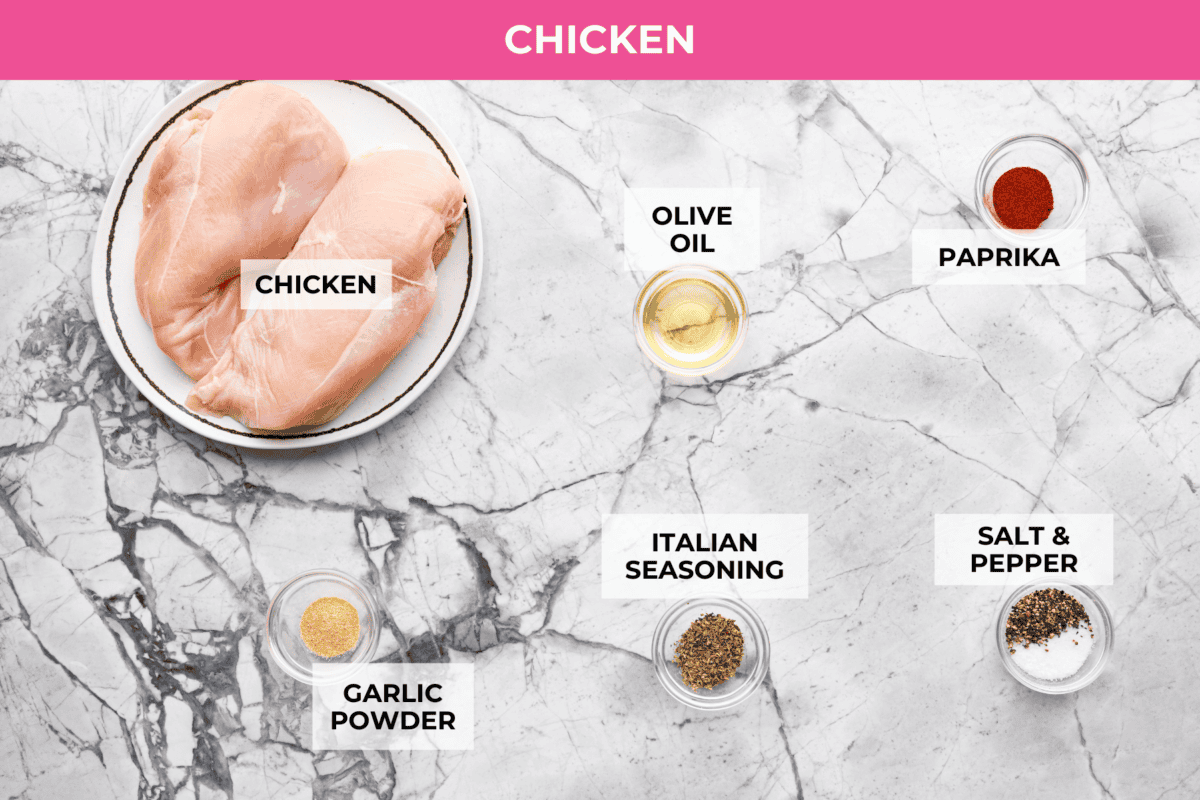 Overhead shot of labeled marry me ramen chicken ingredients.