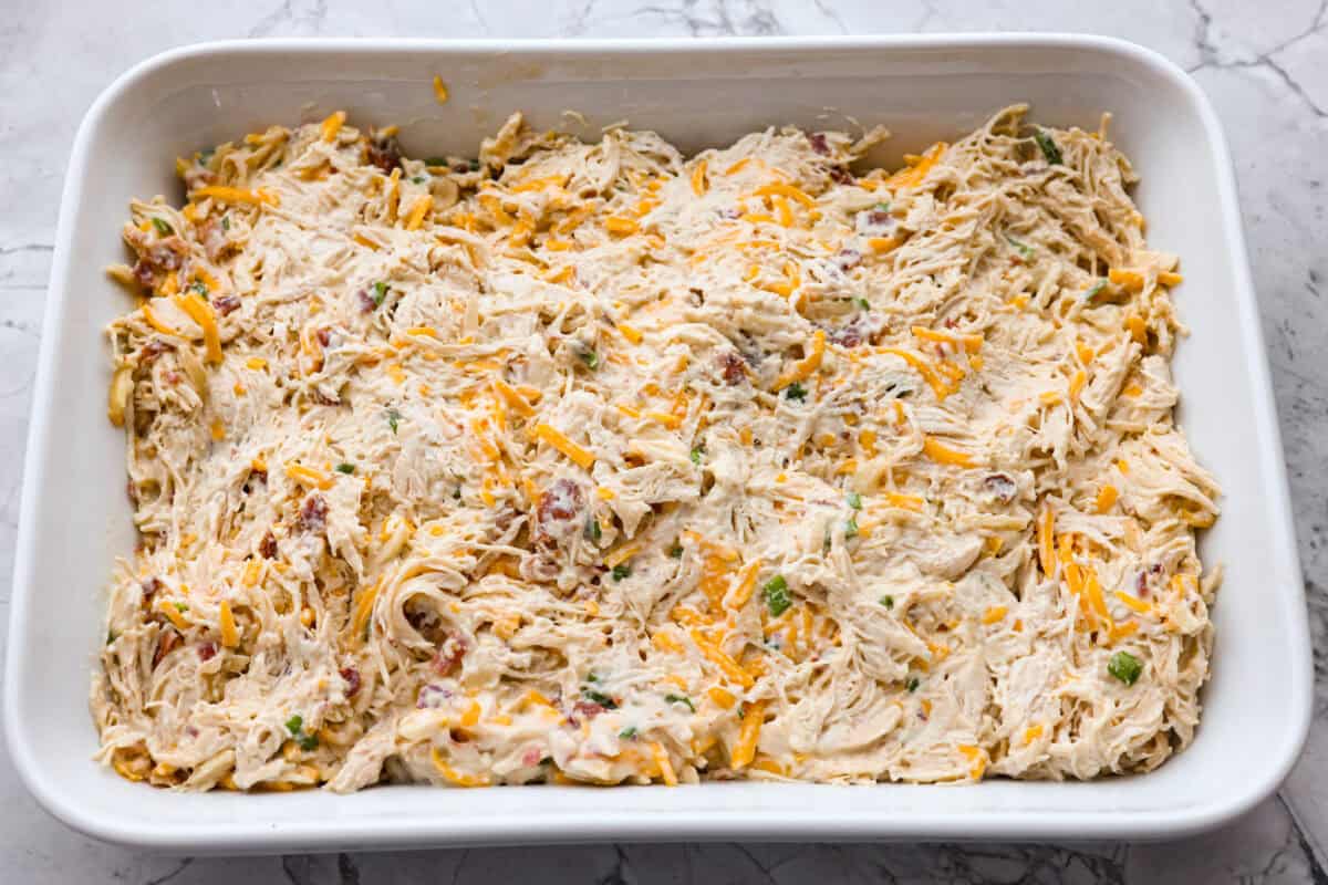 All of the ingredients spread out in a casserole dish. 