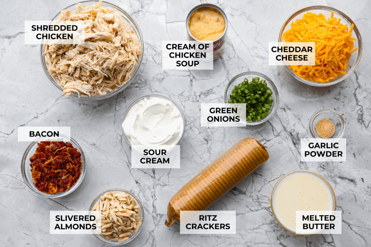 Overhead shot of labeled Neiman Marcus chicken casserole ingredients. 