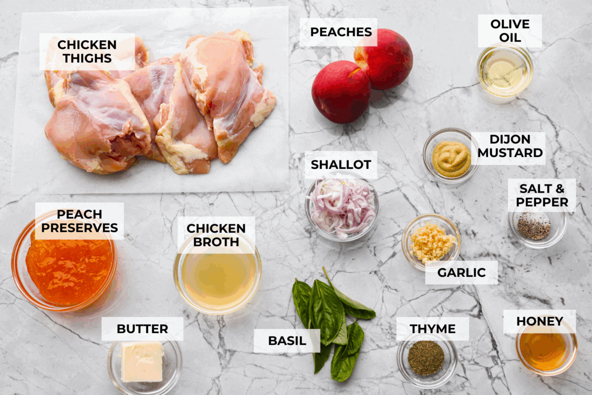 Overhead shot of labeled ingredients. 