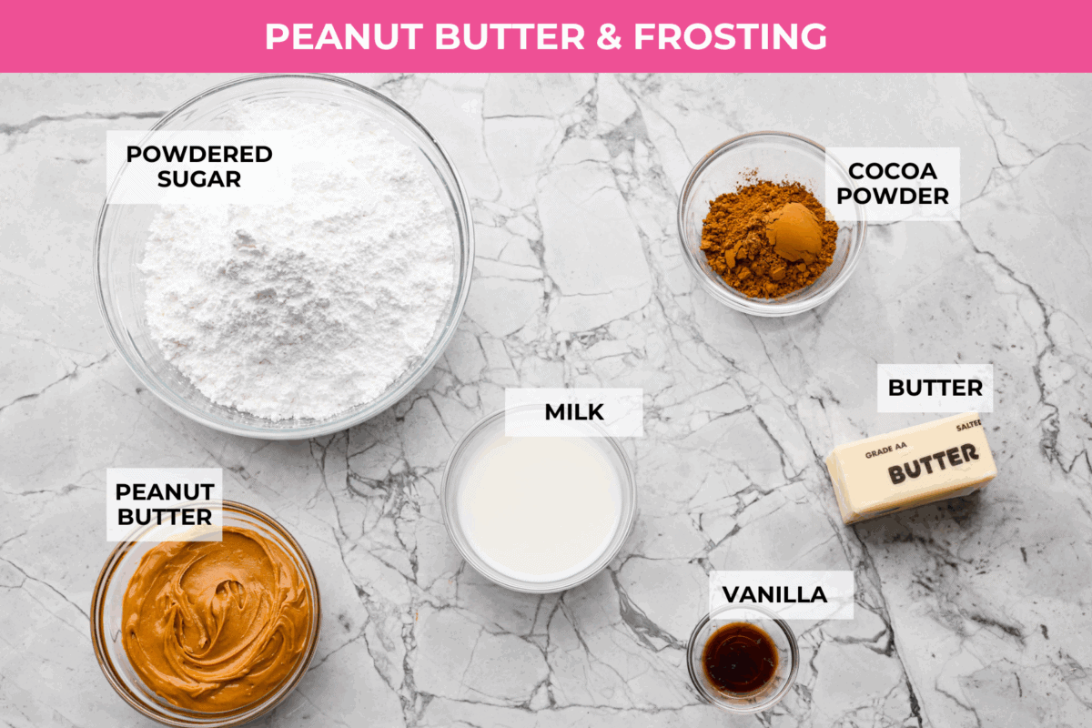 If you grew up in Utah, Lunch Lady Peanut Butter Bars were basically a rite of passage. Thick, chewy, and slathered in chocolate frosting. My version is even better, and yes, this one earned its spot in my cookbook for a reason. Overhead shot of labeled peanut butter and frosting ingredients.