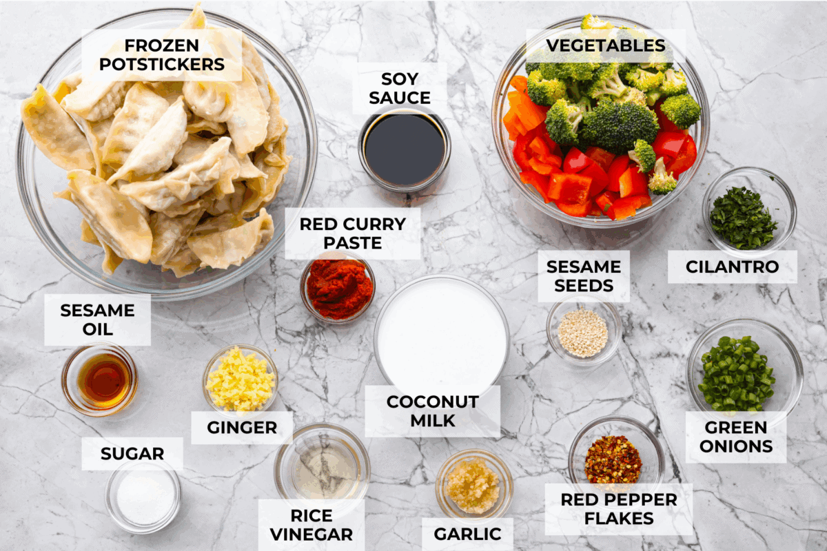 Overhead shot of labeled ingredients. 