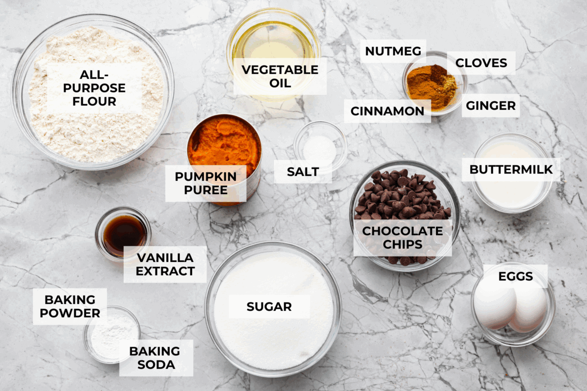 Overhead shot of labeled ingredients. 